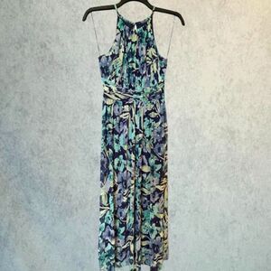 London Times Maxi Dress Womens Small Petite Blue Mesh Overlay Halter Sundress